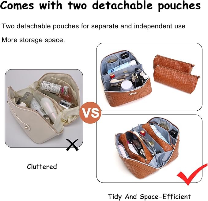 BOYATU Travel Makeup Bag Cosmetic Bags for Women: Large Capacity 3 Pcs Set Make up Bag with Compartments - Waterproof Vegan Leather Toiletry Organizer Bags with Handle (L08 Brown)