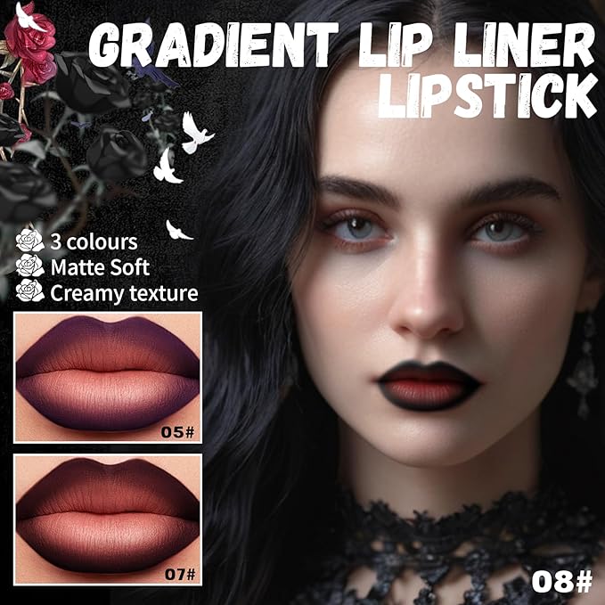 HOSAILY 3 Colors 2 in 1 Gothic Lip Liner Set, Matte Purple Dark Red Black Lip Liner Plumping Smooth Creamy Lip Pencil, High Pigmented Long lasting Lip Stain Lipstick Goth Halloween Makeup, 05+07+08