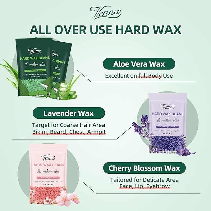 Vennco Hard Wax Beads Kit for Hair Removal, 36 Pieces Wax Beads for Full Body, Face, and Brazilian Bikini, Aloe, Lavender, Cherry Blossom - Includes Pre and Post Wax Oils