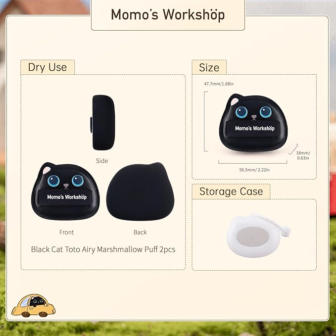 2-Pack Cute Black Cat Makeup Sponges, 85° Precision Tip Blender for Foundation & Concealer, Rubycell & PU Leather for Flawless Full-Coverage Makeup & Storage Case