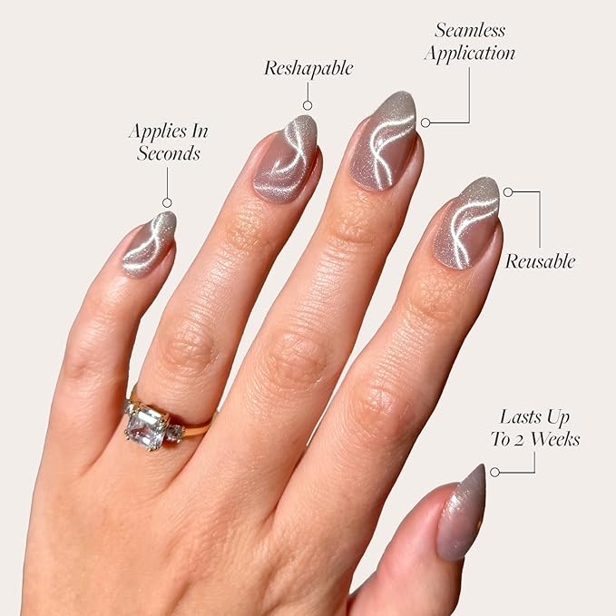 Glamnetic x GLAMZILLA Press On Nails - WOO-MAN! | Gray Short Almond Fake Nails with Velvet Cat Eye, Salon Quality, Everyday | 15 Sizes - 30 Nail Kit with Glue