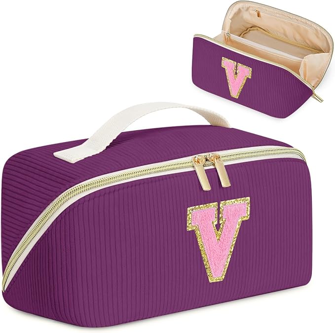 Personalized Initial Makeup Bag, Valentine's Day Gifts for Girls,Preppy Bag Cosmetic Travel Bag Women,Travel Toiletry Organizer,Large Capacity Corduroy Stuff Bag,Cute Cosmetic Pouch Skincare Bag