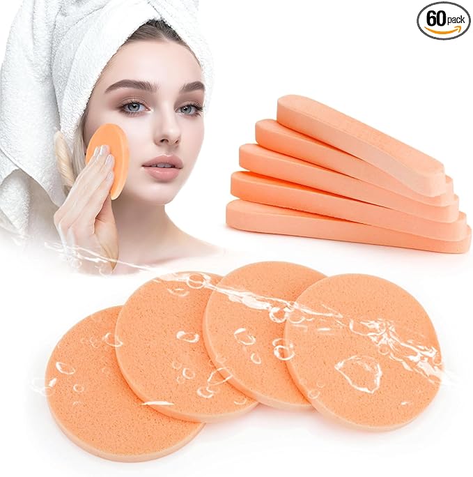 Mgiflw Compressed Facial Sponge,Reusable Makeup Blender 60 Count,Soft Round Wash Sponges for Estheticians Makeup Removal,Face Cleansing Exfoliating Compress Spa Pads for Women,Orange