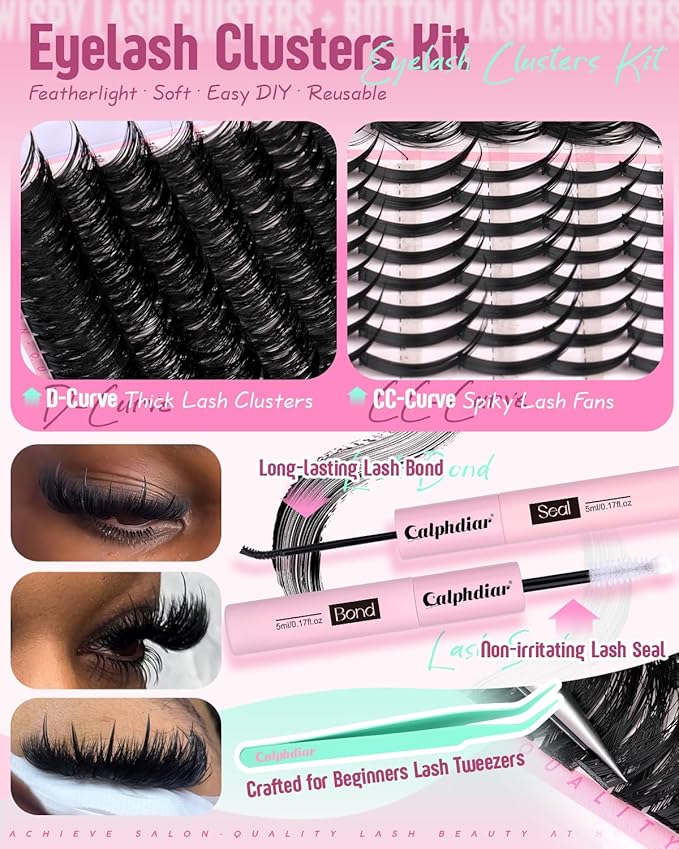Spikes Eyelash Clusters Volume Lash Clusters Kit DIY Salon-Grade Lash Extensions Spiky Individual Lashes Extension Kit 12-21mm Cluster Eyelash Extensions Kit Manga Lashes Clusters with Bond and Seal
