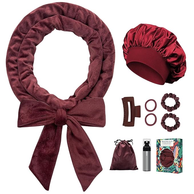 Gwabee No Heat Overnight Hair Curlers - 70" Soft Ribbon Curl Wrap with 9 Curling Rods, Headband for Long Hair Rollers - Burgundy