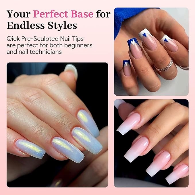 Qiek Medium Square Pre-Building Nail Tips Kit, 15 Sizes 240 PCS Pre-shaped Apex Clear Thick Extensions Tip Soft Half Matte Press On Fake Nails Glue Gel Nail Lamp for DIY Beginners & Salon Manicure