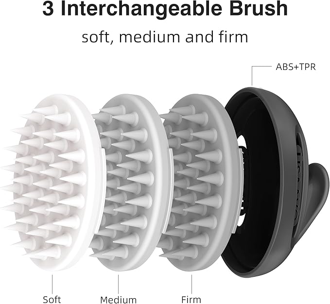 LISAAVO 3 in 1 Scalp Scrubber, Hair Scalp Massager, with 3 Replacement Brushes, Shampoo Brush for Relaxing, Deep Cleansing Exfoliator & Soothes itching - Wet/Dry Use for All Hair Types, Black