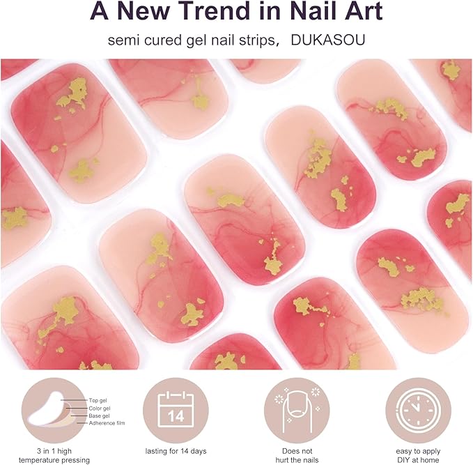 DUKASOU Semi Cured Gel Nail Strips, 56Pcs Nail Art Stickers/Wraps, Long Lasting UV Nail Polish Strips for Adults(Gold Peach Red+Gradient Pink)