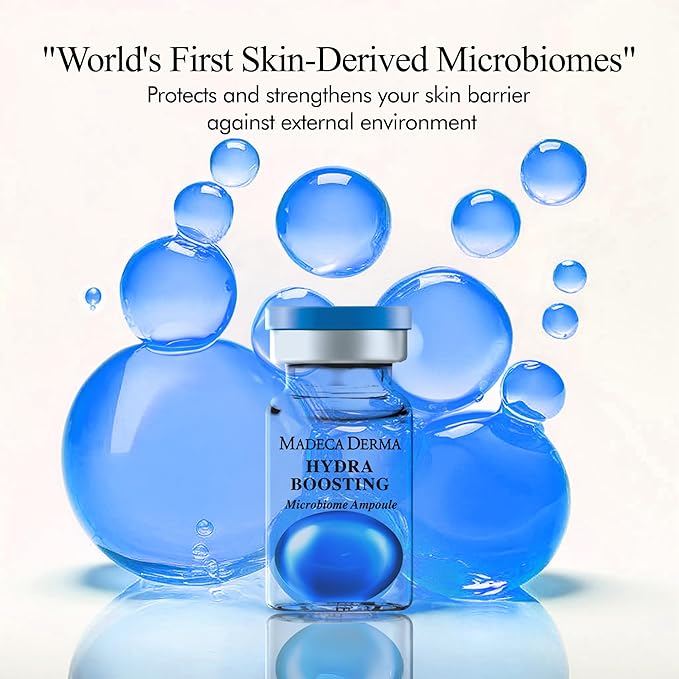 MADECA DERMA Hydra Boosting Microbiome Ampoule – Deep Hydration with Hyaluronic Acid & Panthenol, Korean Skincare for Intense Moisture, Skin Barrier Repair & Plumping (0.23 fl oz x 5 Bottles)