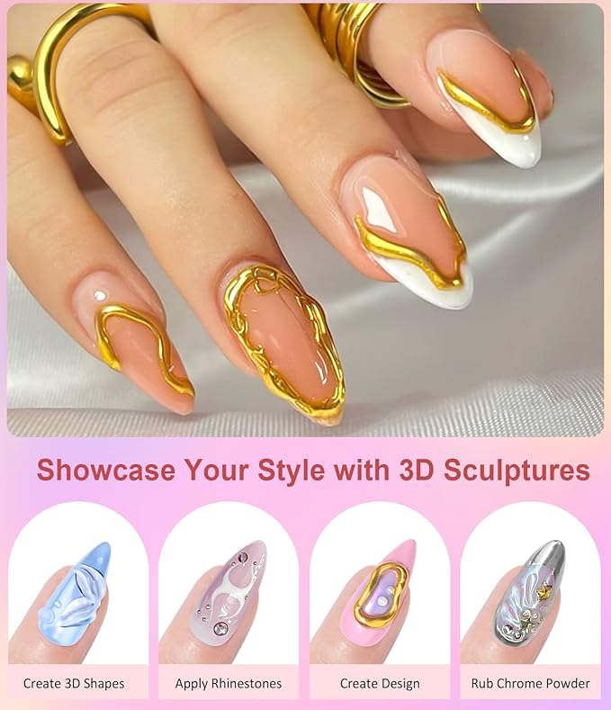 Chrome Nail Powder and 3D Nail Gel Kit BISHENGYF: 15g No Wipe 3D Sculpting Gel Aurora White Pearl Silver Gold Chrome Nail Powder with Clear 3D Carving Nail Molding Glue Set for Nail Art Decoration