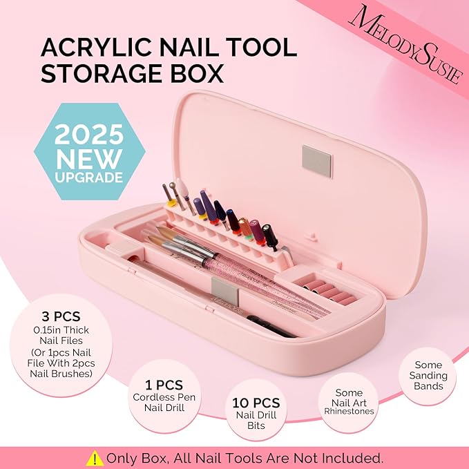 MelodySusie Acrylic Nail Tool Storage Box, Portable Dustproof Stand Displayer Holder Organizer Container Manicure Efile Accessories Nail Drill Kit Case, Travel Salon Home, Pink(Only Box)