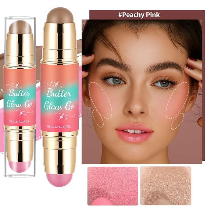 Dual-Ended Blush and Bronzer Stick – 2-in-1 Creamy Face Cheeks Contour Makeup, Smooth Hydrating Formula, Buildable Color for Natural Radiant Glow Beauty For Women (Peachy Pink)