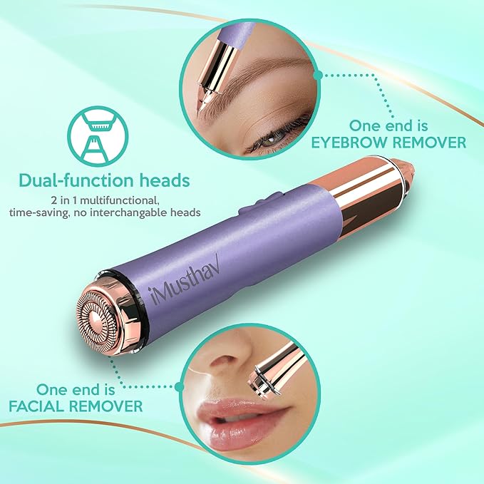 iMusthav 2 in 1 Eyebrow and Facial Hair Remover for Women Painless Electric Razor Epilator Trimmer Shaver with 18K Gold-Plated, USB Rechargeable, 360° LED for Flawless Eyebrow and Face Hair Removal