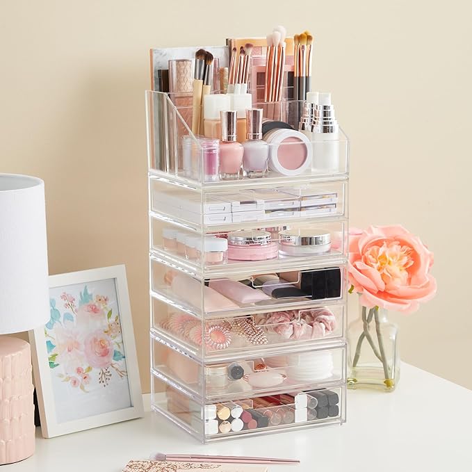 STORi Chloe Clear Plastic Stackable Desk Organizer, Rectangular 6-Compartment Office Supply Holder for Pens, Markers & Notepads, Made in USA