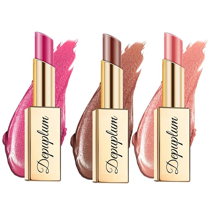 Depuplum Hot Pink Brown Nude Lipstick Set for Women Shimmer Tinted Lip Balm Hydrating Moisturizing Lipstick Cruelty Free Lip Makeup, DM110/117/118