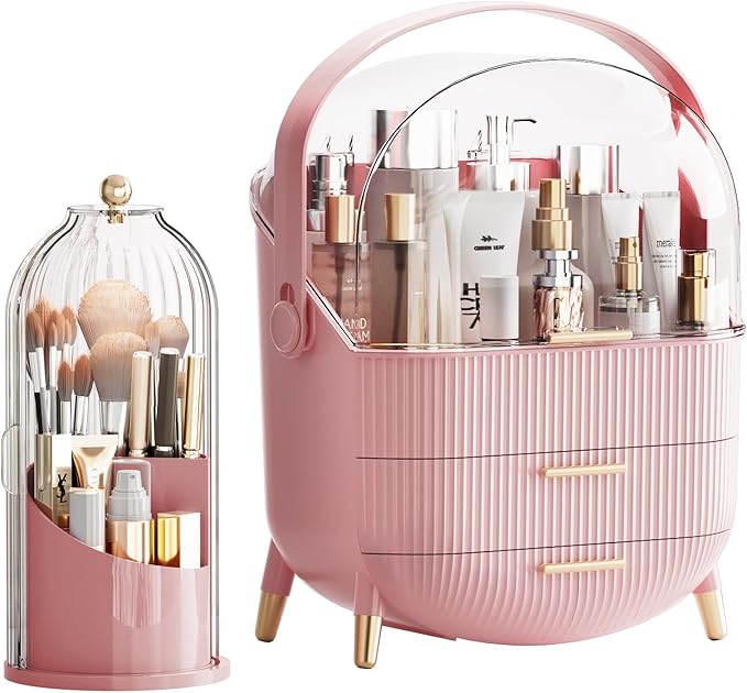 Makeup Organizers Countertop, Makeup organization for Vanity, Cosmetic Storage with Lid and Drawers, Skincare Display Cases with for Desktop, Bathroom (Pink)