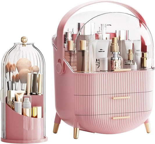 Makeup Organizers Countertop, Makeup organization for Vanity, Cosmetic Storage with Lid and Drawers, Skincare Display Cases with for Desktop, Bathroom (Pink)
