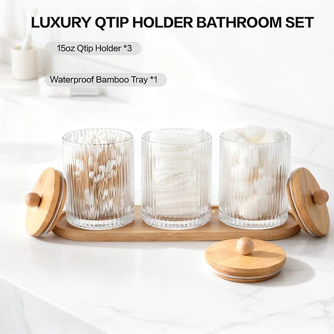 NEECZS 3 Pack Qtip Holder Bathroom Set,Cotton Pad Ball Swab Holder Cotton Round Floss Pick Dispenser with Tray,Glass Apothecary Jars with Lids,Bathroom Organizers and Storage Canisters