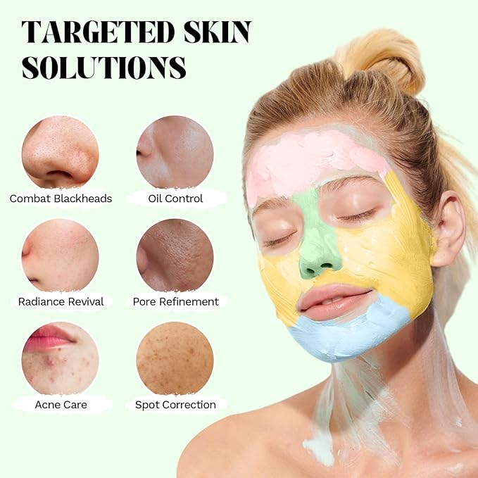 ANRCOLLECT 4Pcs Clay Mask Set, Kaolin Facial Spa Kit for Pore Cleansing & Glowing, Hydrating Mud Cream Wash-Off Mask for All Skin Types, Women and Men (70g*4+Brush), Teen Girl Gifts