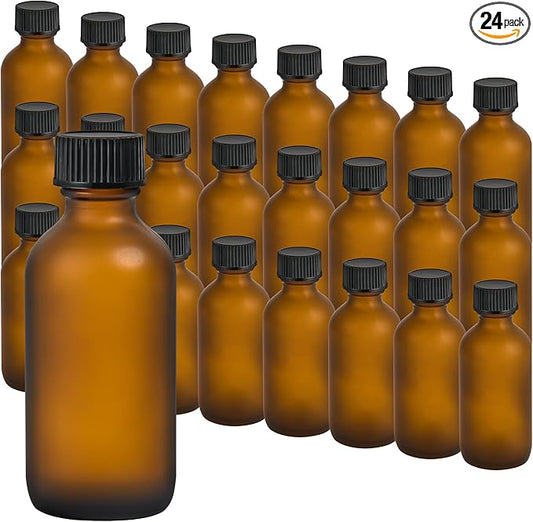 Exlvanto Small Glass Bottles with Lids Boston Round Shot Bottles for Health, Immunity, Ginger Juice, Essential Oils, Potion - Leak Proof Mini Travel Containers (Amber Frosted, 2oz-24Pack)