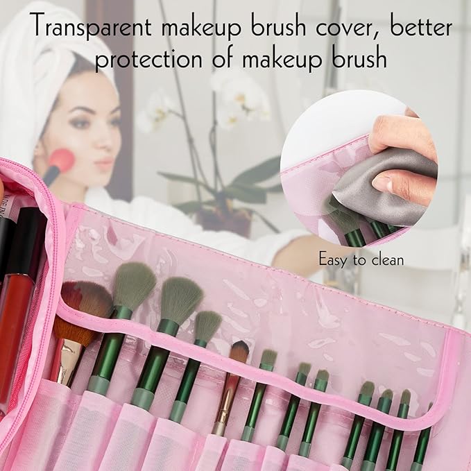 LUEXBOX Portable Folding Makeup Brush Bag, Multifunctional Cosmetics Rolling Storage Case Makeup Brush Holder for Travel, Makeup Brush Organizer Bag (Pink)