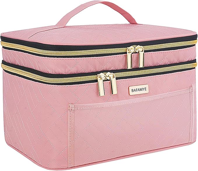 BAFAMYE Double Layer Travel Makeup Bag for Women, Large Cosmetic Case Organizer with Makeup Brush Compartment, Portable Train Case Make Up Bag for Travel-Size