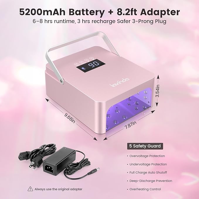 Lavinda 60W Large Professional Nail Lamp with Portable Handle, UV/LED Nail Dryer with Features Dual-Temp Control & LCD Timer,Rechargeable 5200mAh for Cordless Salon.