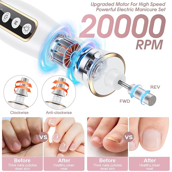 Professional Manicure Pedicure Kit, Cordless Electric Nail Drill with 360° LED light&10 Speeds, Rechargeable Pedicure Tools for feet, Hand Foot Care Nail Drill for Thick Nail Toenail Cuticle Women Men