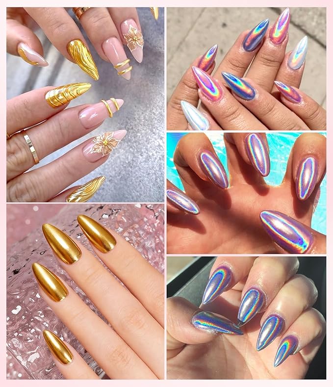 BISHENGYF Gold Chrome Nail Powder - Sparkly Laser Holographic Nail Powder Metallic Mirror Effect Ice Blue Nail Chrome POwder, White Pearl Pigment Holo Iridescent Glitter Dust Kit, Nail Art Decoration