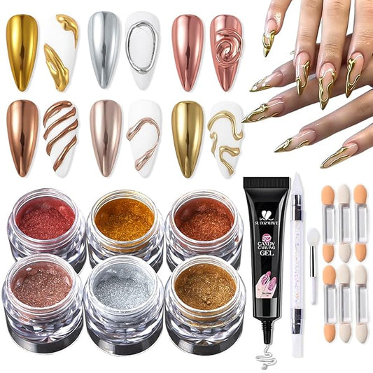 SUTOZMIWE Chrome Nail Powder Metallic Gold And Silver, Magic Mirror Effect Pigment Glitter Rubbing Dust, 3D Carving Nail Molding Gel & Holographic Dip Nail Powder Kit for Nail Decor Home Manicure DIY