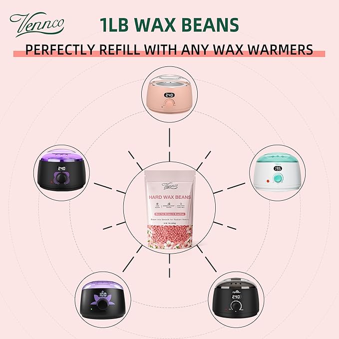 VENNCO Hard Wax Beads, 1lb Wax Beans for hair removal with Cherry Blossom Extract, Ideal for Sensitive Skin, Perfect for Facial, Eyebrows, Arms, and Brazilian Area, Wax Refill for Home Use