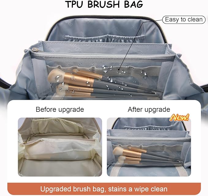 BOYATU Travel Makeup Bag Cosmetic Bags for Women: Large Capacity 3 Pcs Set Make up Bag with Compartments - Waterproof Vegan Leather Toiletry Organizer Bags with Handle (L08 Brown)