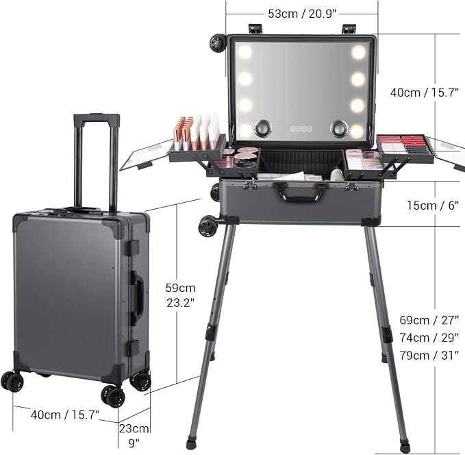 Rolling Makeup Train Case with Lighted Mirror and Bluetooth Speaker Professional Cosmetic Organizer Case with Wheels, Stands Portable Makup Station Vanity for Travel (Gray, Medium)