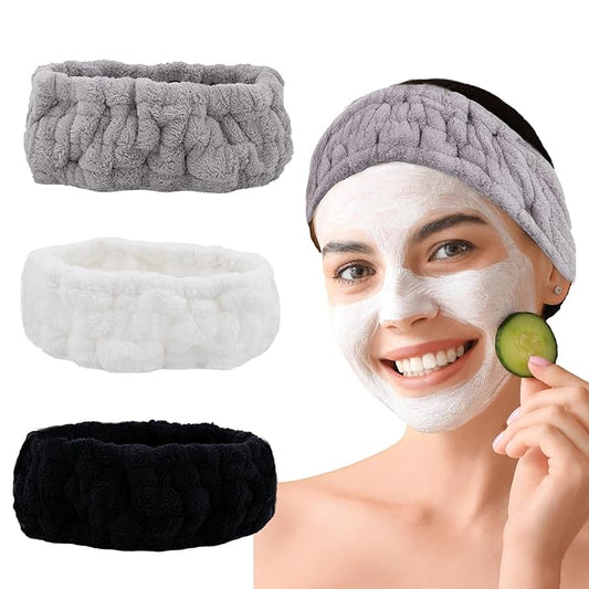 Pejnl Microfiber Spa Headband 3-Pack, Soft Terry Cloth Headband for Washing Face, Facial Mask, Makeup, Shower, Yoga, Gift for Women and Teens (Black+Light Gray+White)