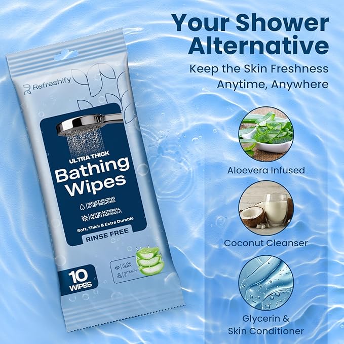 Ultra Thick Shower & Bathing Wipes | Shower & Bath Alternative | Body Wipes for Adults Bathing No Rinse | Microwavable with Aloe & Vitamin E | 20 Packs - 200
