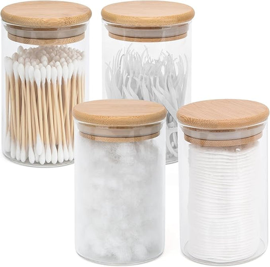 BKYFPQ 4 Pack Glass Qtip Holder Dispenser Set - Apothecary Jars with Lids for Vanity Makeup Organizer - Bathroom Canister Storage Organizer for Cotton Ball, Swab, Round Pads,Floss