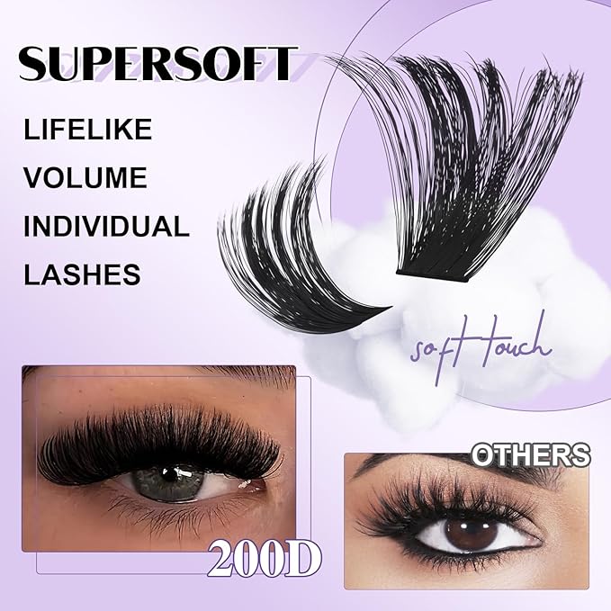 B&Q Fluffy 200DLash Clusters Thick Volume Eyelash Clusters 10-18mm, D Curl Cluster Eyelash Extensions, Supersoft Individual Lashes Wispy Cluster Lashes Dramatic Full Look Eyelash（200D）