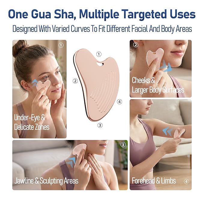 Gua Sha Facial Tools & Face Roller Set, Stainless Steel Facial Massager Tools for Lymphatic Drainage & Face Sculpting, Textured Guasha for Better Grip, Double Chin Reducer, Skincare Gift(RoseGold)