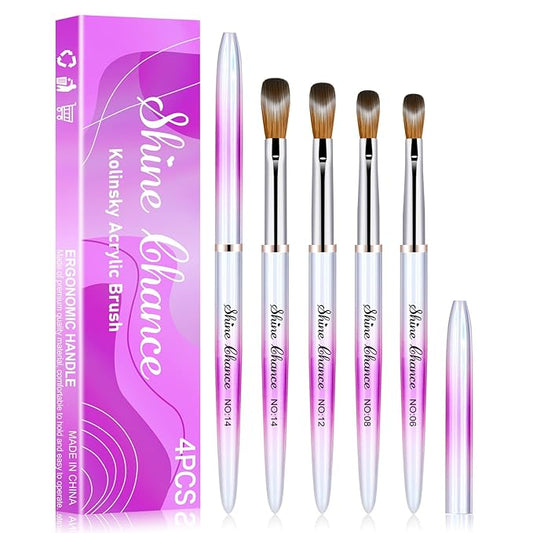Shine Chance 4Pcs Acrylic Nail Brushes Set, Kolinsky Nail Art Brush, Art Design & Polish Mistake Cleaning Manicure Tools for Women Acrylic Application (Size 6 8 12 14)