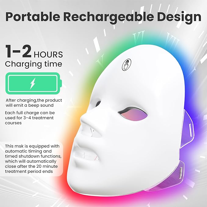 7-1 Colors LED Facial Skin Care Mask,Red Light Mask for Face, Cordless Led Face Mask Light,Salon or Home,White.