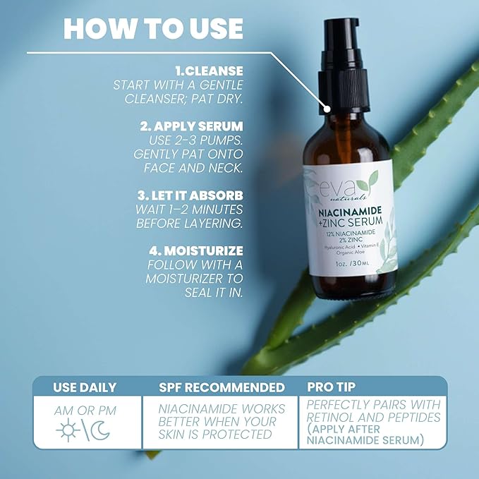 Eva Naturals Niacinamide Serum for Face with Zinc PCA & Botanical Hyaluronic Acid – Pore Minimizer, Dark Spot & Redness Relief, Skin Tone & Texture Support – Lightweight Cream Alternative (1 oz)