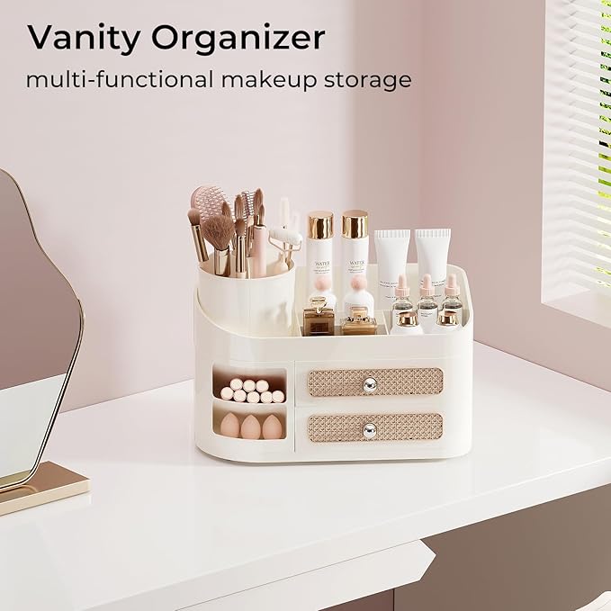 UFORU Makeup Organizer with Rotating Brush Holder, Bathroom Countertop Organizer with 2 Drawers, Easy to Store Hair Brush, Lipsticks, Perfumes, Skincare, Beige