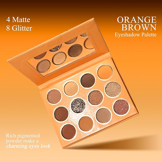 KYDA 12 Colors Orange Brown Eyeshadow Palette, Ultra-rich Glitter Golden Brown Eyeshadow, Matte Warm Orange Neutral Nude Eye Shadow Palette, Soft Blendable Powder, Daily Neutral Eyes Shadow