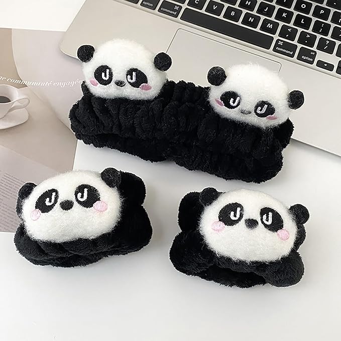 Gniwhd 6PCS Cute Cat Ears Spa Headband for Washing Face Makeup Skincare Headband with Wrist Bands, Sleepover Party Supplies for Women/Teen Girl Trendy Stuff Present (6PCS Panda, standard size)