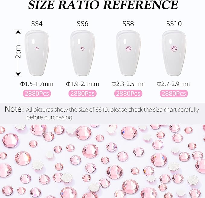 Meibite Pink Flatback Rhinestones, Glass Rhinestones for Nail Art and Craft, Glue Fix, Loose Crystal Gemstones(Pink, SS8, 2880pcs, 2.3-2.5mm)