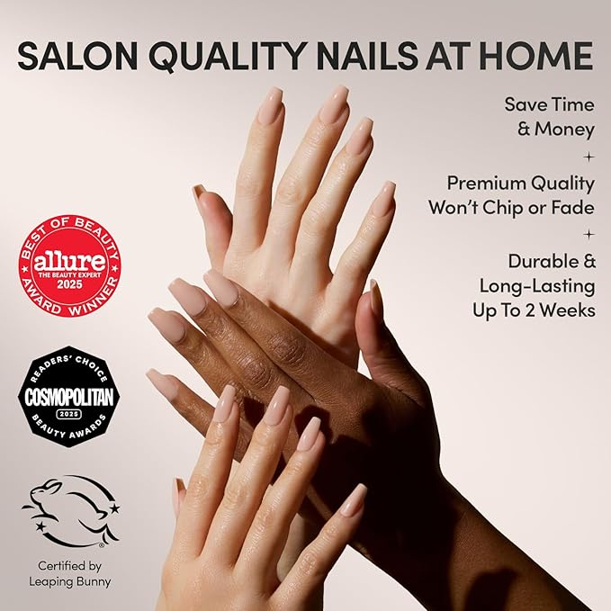 Glamnetic Press On Nails - Exposed | Medium Coffin Fake Nails, Nude Opaque Neutral, Salon Quality | 15 Sizes - 30 Nail Kit
