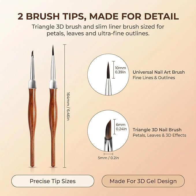 AMilHiTon 2Pcs Nail Art Brush Set, Multi-Functional 3D Nail Pen for Gel Extensions, Builder Nail Gel Design and Home DIY Manicure (Wood Color)