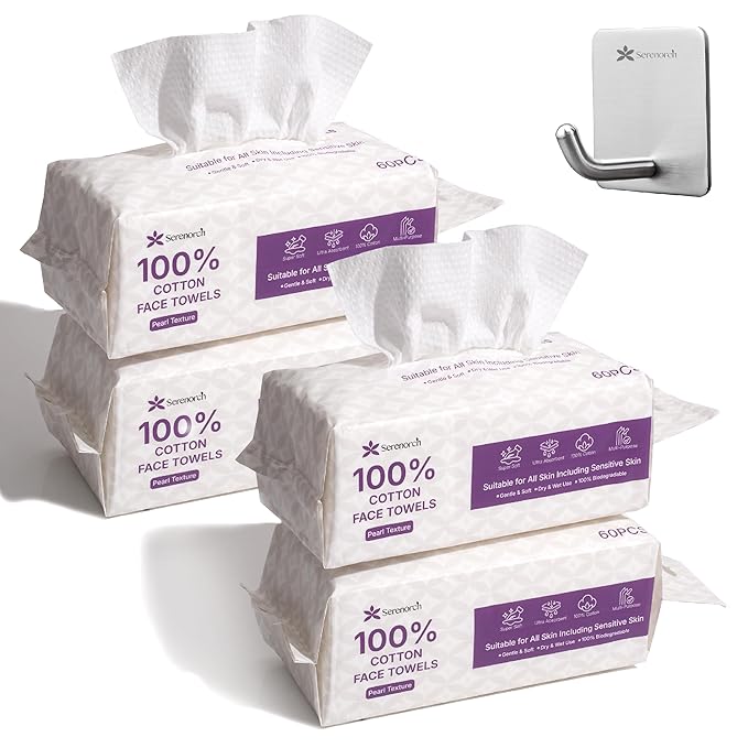 Serenorch 100% Cotton Disposable Face Towels, Soft Cotton Tissue for Sensitive Skin, Daily Cleansing & Makeup Removal, Hanging Facial Dry Wipe