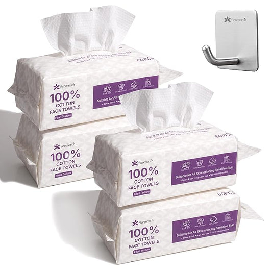 Serenorch 100% Cotton Disposable Face Towels, Soft Cotton Tissue for Sensitive Skin, Daily Cleansing & Makeup Removal, Hanging Facial Dry Wipe