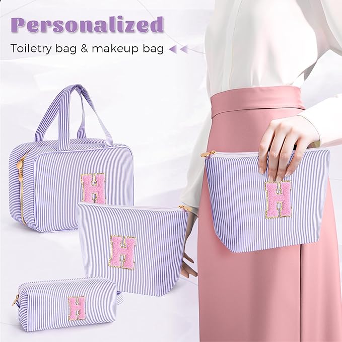 Personalized Initial Cute Toiletry Bag Pouch Make Up Bags Travel Cosmetic Makeup Bag for Girl Girlfriend Wife Teacher Mom Her 16th 17th 18th Birthday Gifts - Lavender,H
